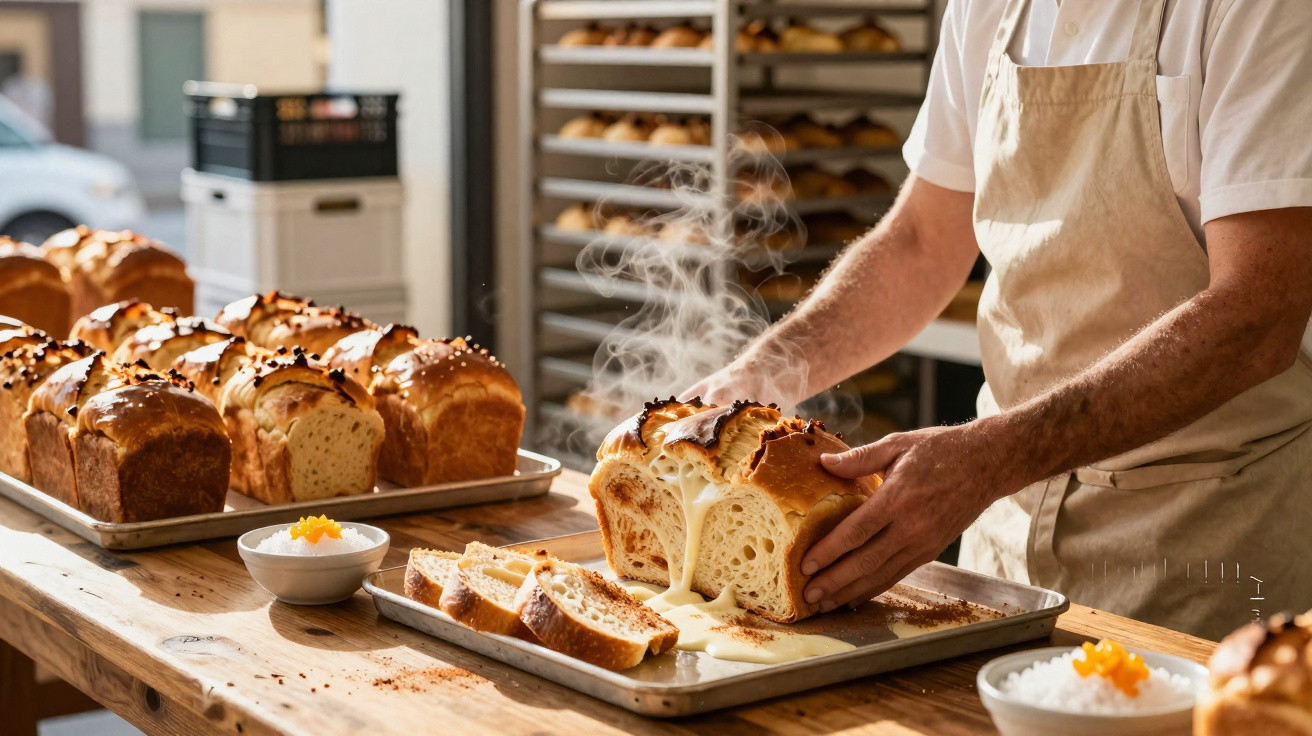 Padeiro segurando pão quente com queijo derretido escorrendo, ao lado de várias fornadas de pão em mesa de madeira.