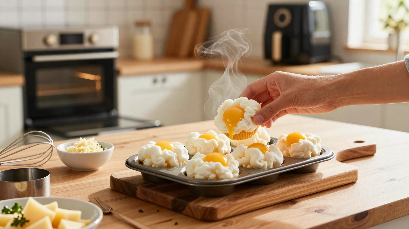 Mão segurando muffin de claras em neve com gema no centro, quente e fumegante, em forma para muffins na cozinha.