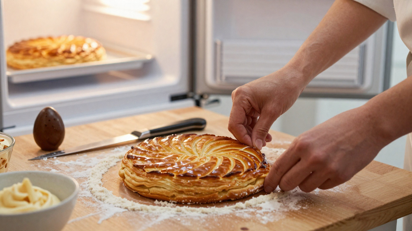 Pessoa decorando torta de maçã dourada em bancada de cozinha com farinha espalhada.