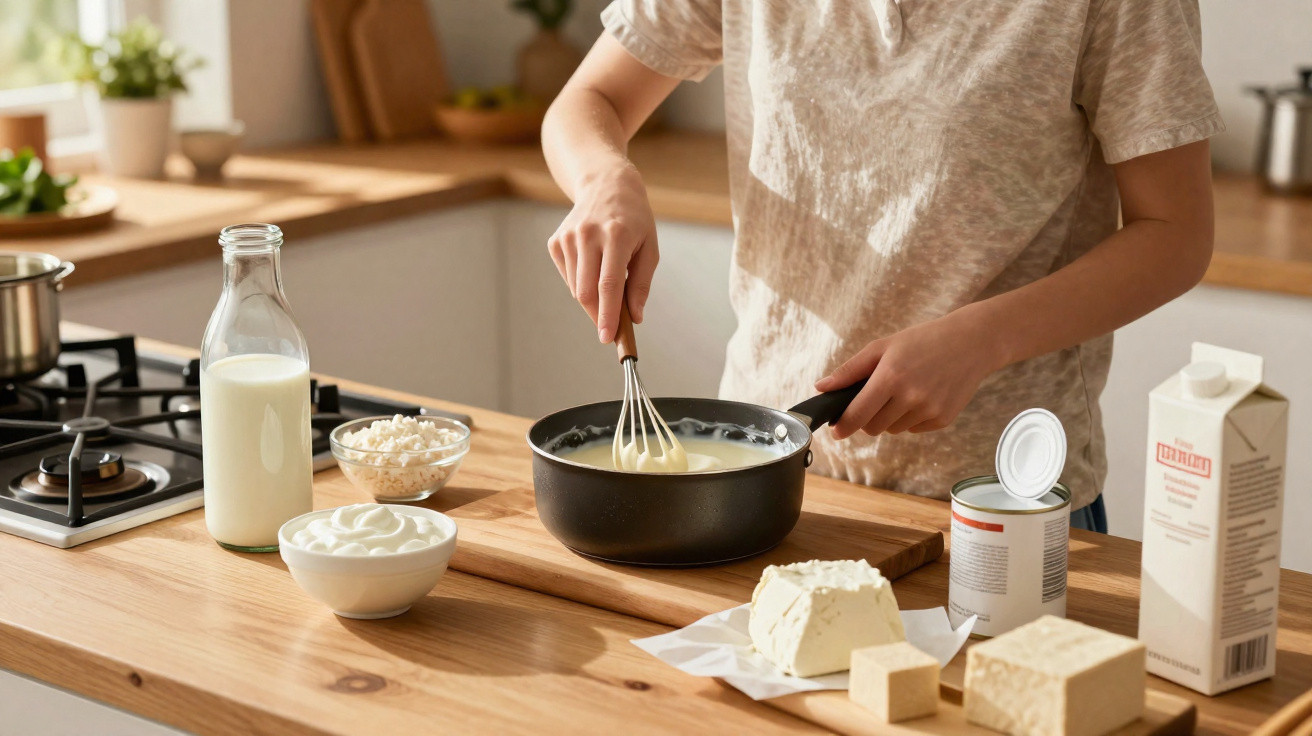 Pessoa mexendo molho branco em panela com ingredientes lácteos ao redor em bancada de cozinha.