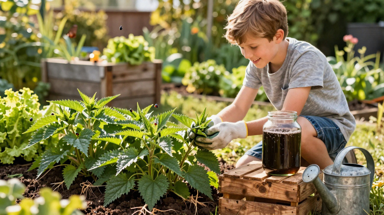 Menino regando planta com regador e frasco em horta ensolarada ao ar livre.