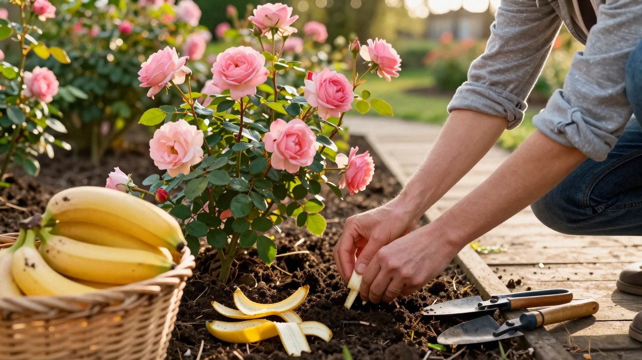 Pessoa plantando pedaço de banana ao lado de roseira com rosas cor de rosa em jardim ensolarado.