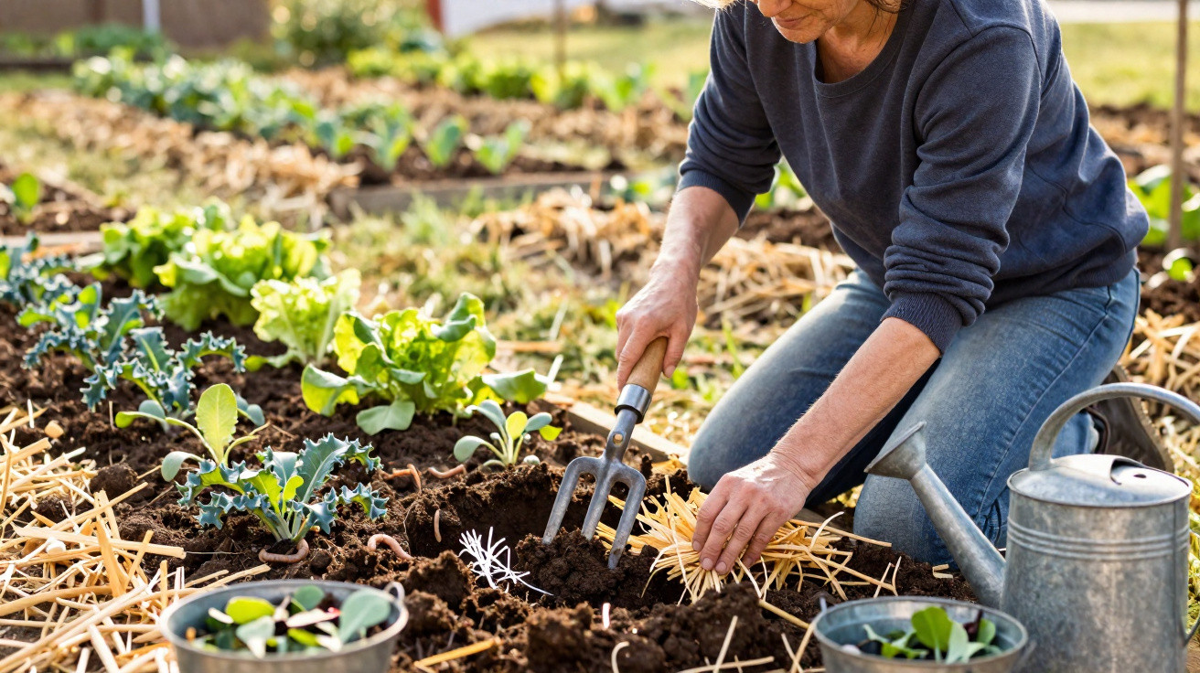 Pessoa cultivando hortaliças em canteiro de terra com ferramentas e regador perto.