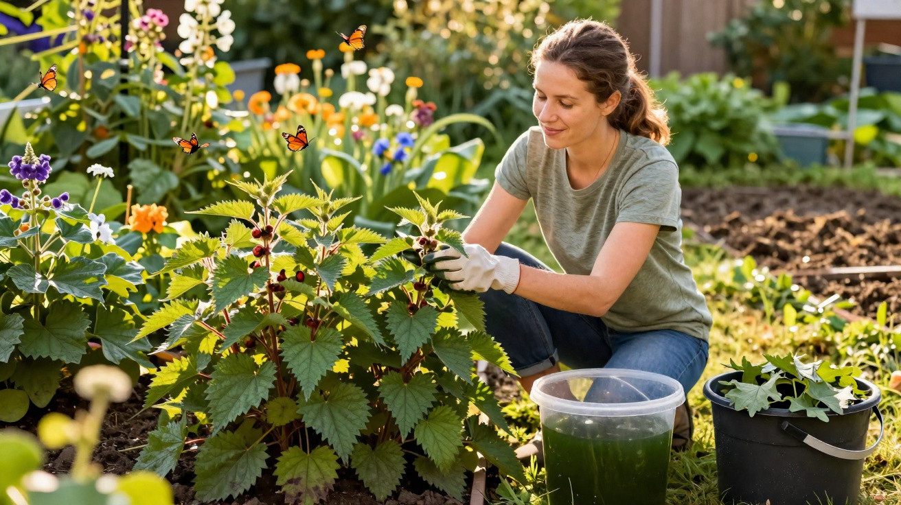 Mulher cuidando de plantas em jardim florido com borboletas laranja voando ao redor.