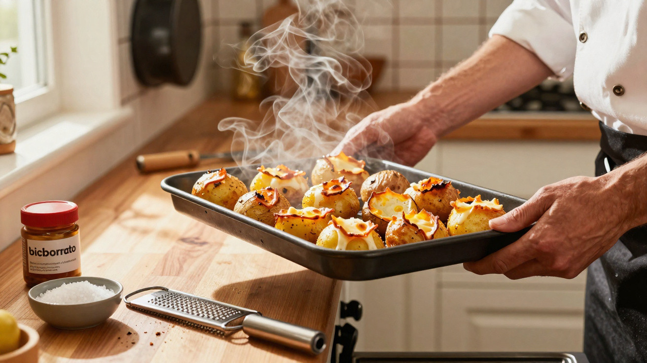 Pessoa segurando assadeira com batatas assadas quentes em bancada de cozinha iluminada por janela.