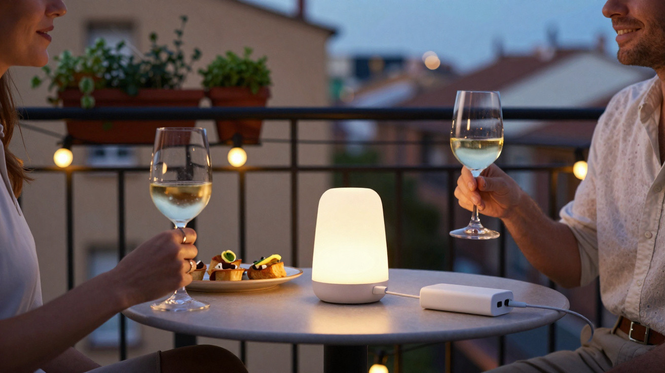 Casal brindando com vinho branco em mesa de varanda ao entardecer com luminária acesa e petiscos.