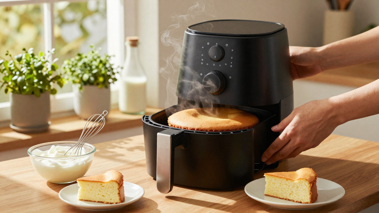 Mão retirando bolo quente e recém-assado em airfryer preta, com fatias servidas em pratos brancos.