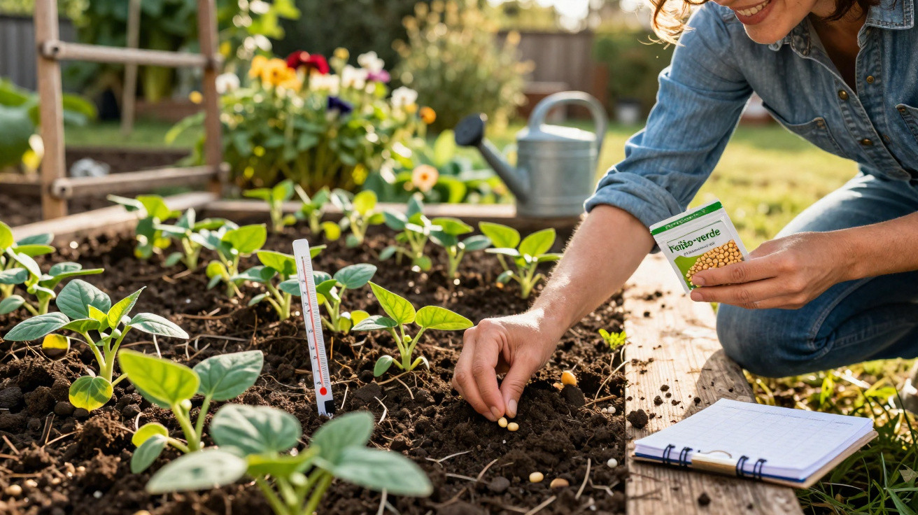 Pessoa plantando sementes em canteiro de jardim com mudas e caderno ao lado em área externa ensolarada.