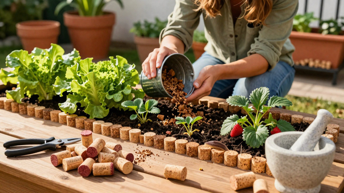 Pessoa aplicando fertilizante em horta com alface e morango, ao lado de rolhas, tesoura e pilão.