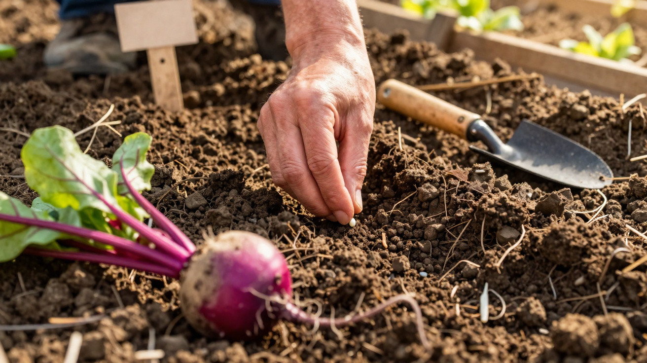 Mão plantando semente em solo fértil próximo a beterraba e ferramenta de jardinagem.