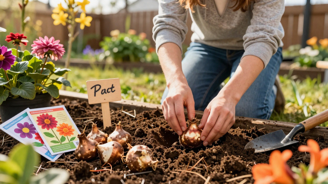 Pessoa plantando bulbos de flores em canteiro de terra com sementes, flores e ferramenta de jardinagem.