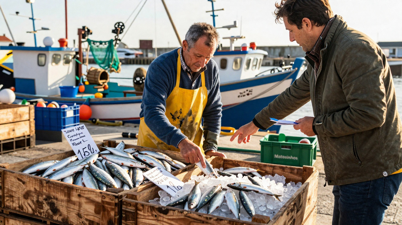 Homem comprando peixe fresco em banca com caixotes de madeira e barco de pesca ao fundo.