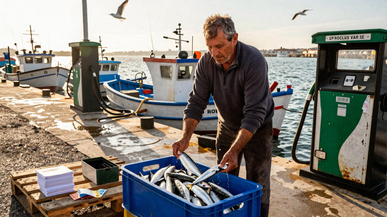 Pescador retirando peixes frescos de caixa azul no cais com barcos e gaivotas ao fundo.