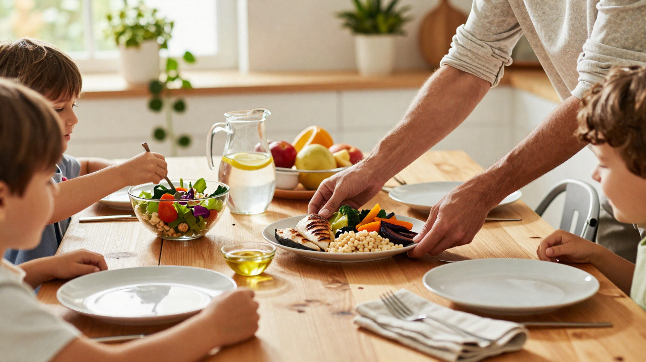 Crianças sentadas à mesa enquanto adulto serve prato com legumes, grãos e frango em ambiente iluminado.