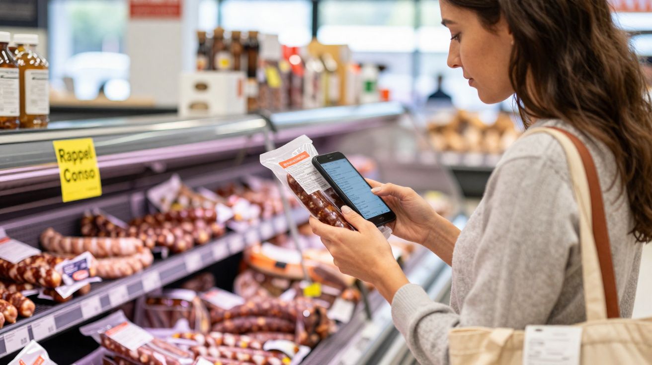 Mulher com sacola reutilizável verifica embalagem de linguiça enquanto olha celular em supermercado.
