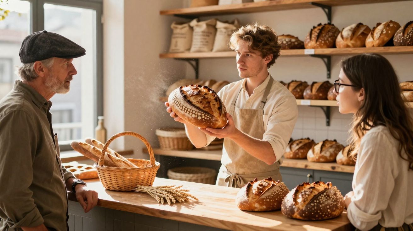 Vendedor em padaria mostrando pão artesanal para dois clientes, com vários pães expostos ao fundo.