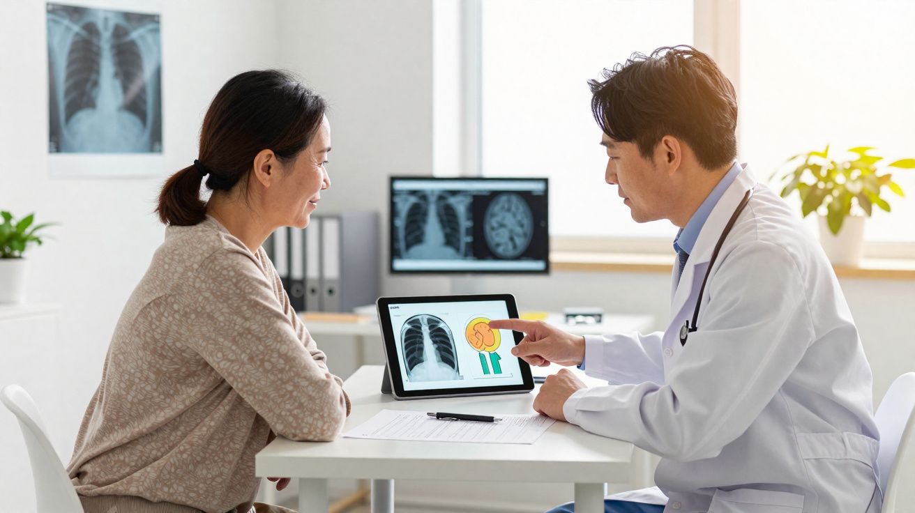 Médico aponta exame no tablet enquanto conversa com paciente em consultório iluminado e moderno.