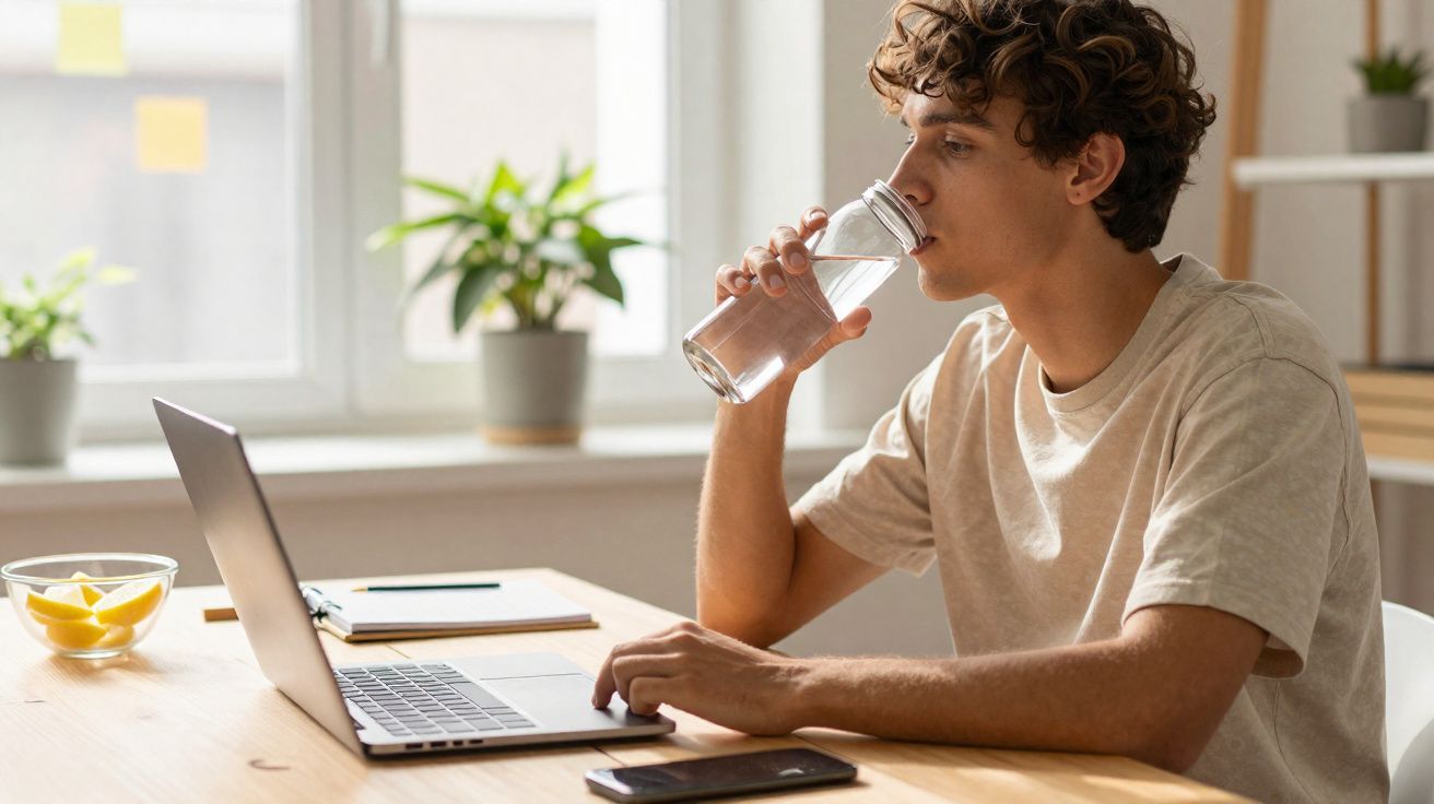Jovem sentado à mesa, bebendo água e usando notebook próximo a uma tigela com fatias de limão.