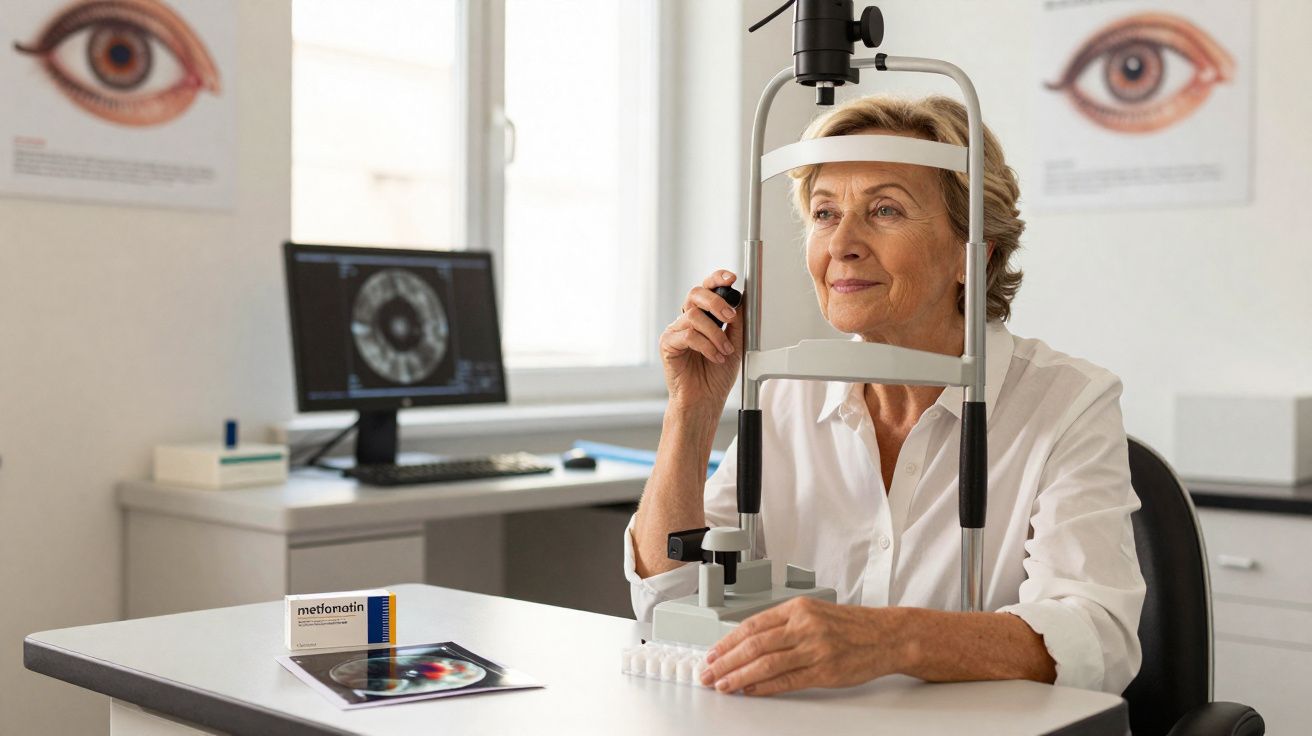 Mulher idosa fazendo exame de vista com equipamento oftalmológico em consultório médico.