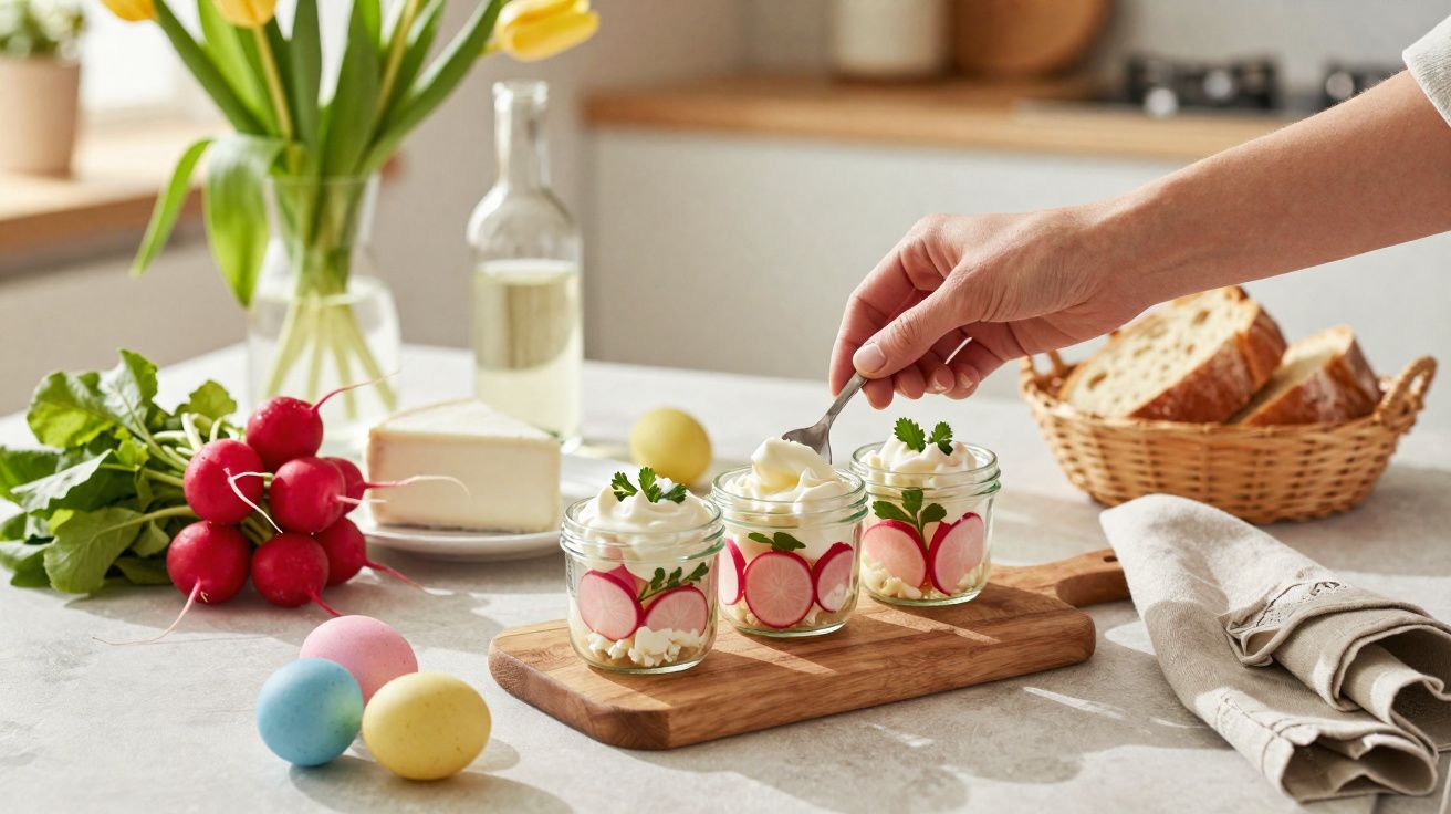 Mão preparando potes com creme, fatias de rabanete e ervas, ao lado de ovos coloridos, queijo, rabanetes e cesta de pão.