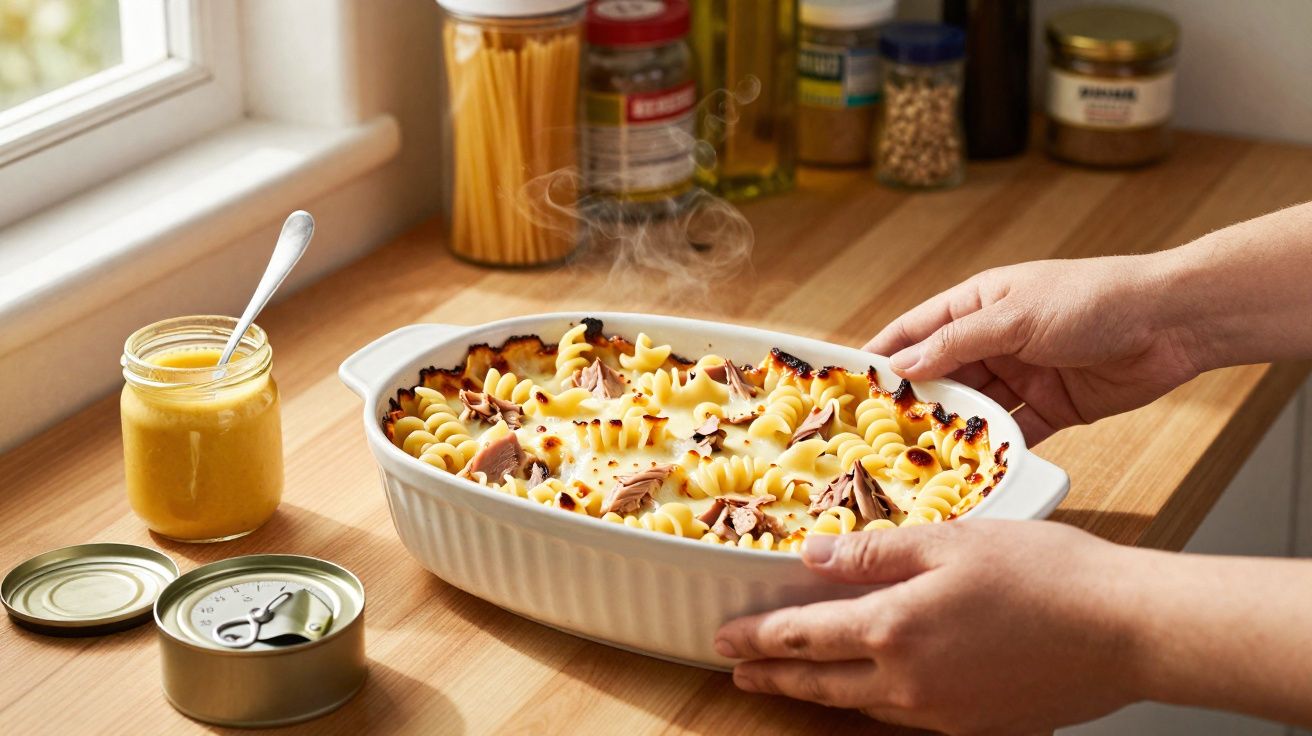 Mãos segurando travessa branca com macarrão gratinado fumegante sobre bancada de cozinha.