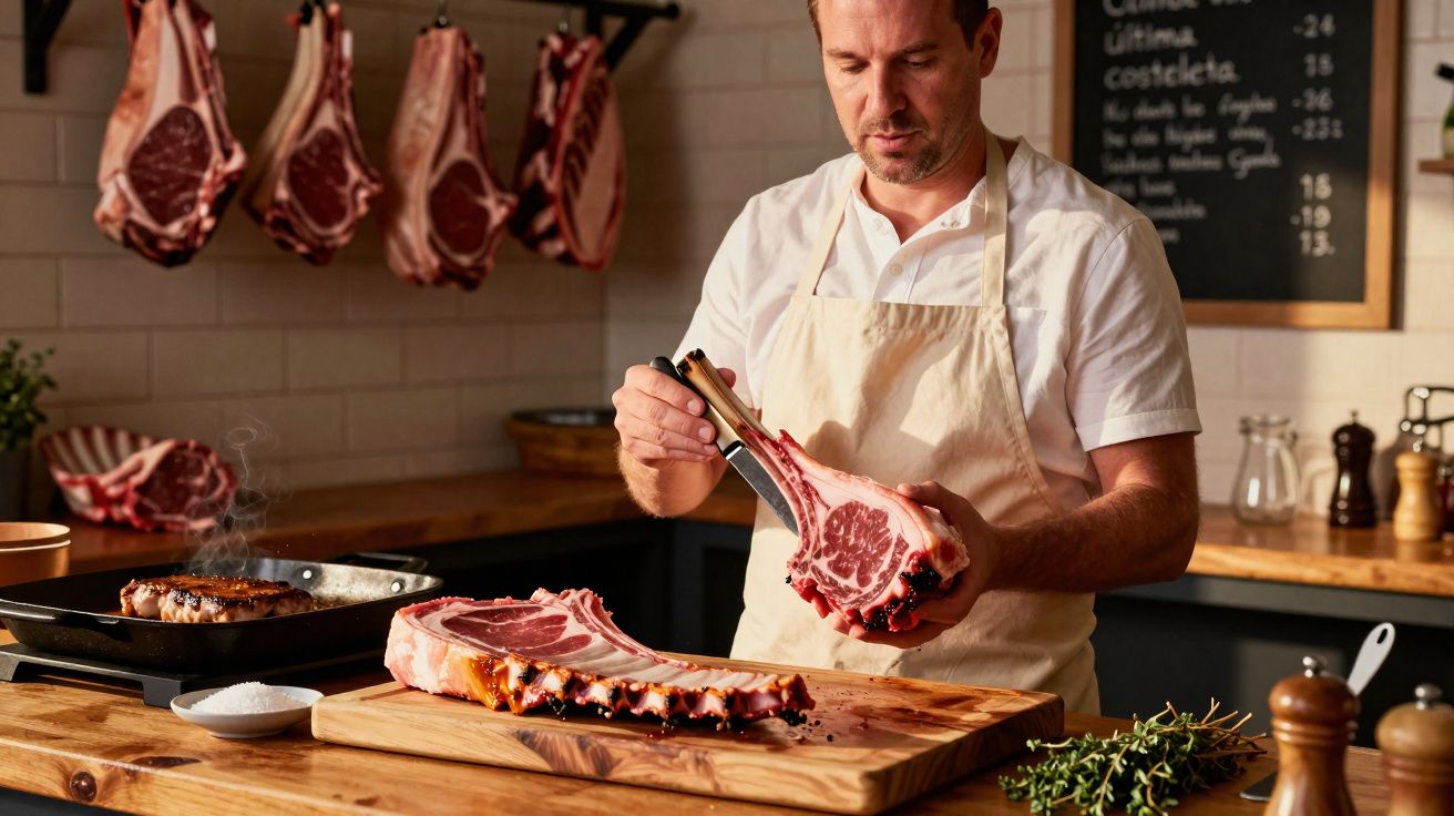 Homem com avental prepara costeleta de carne crua em cozinha com peças de carne penduradas ao fundo.