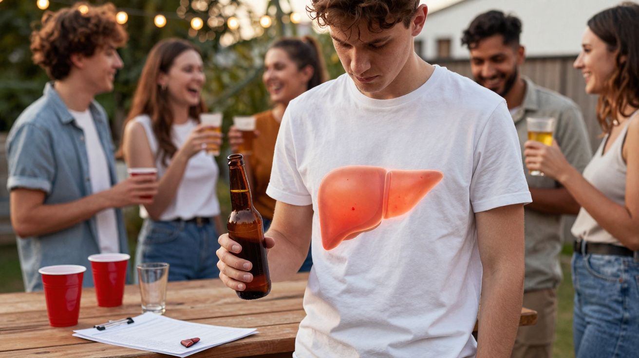 Jovem com camiseta branca estampada com fígado olhando para garrafa de bebida em festa ao ar livre.