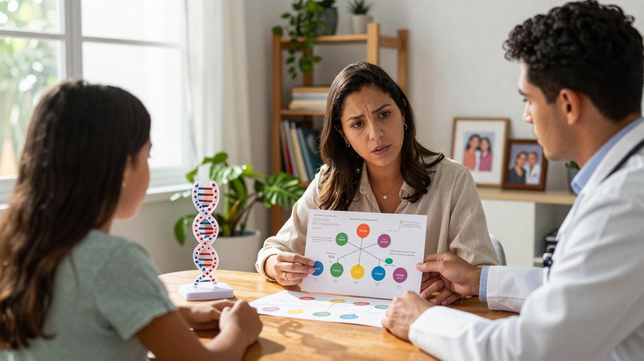 Mulher preocupada conversando com médico e menina sobre genética, com modelo de DNA na mesa.