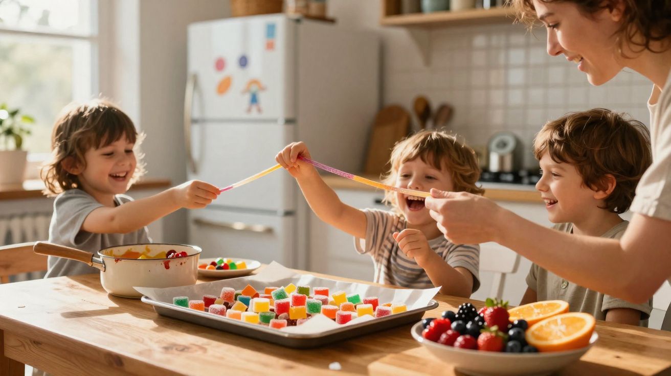 Crianças e mulher brincando com balas em uma mesa na cozinha ensolarada.