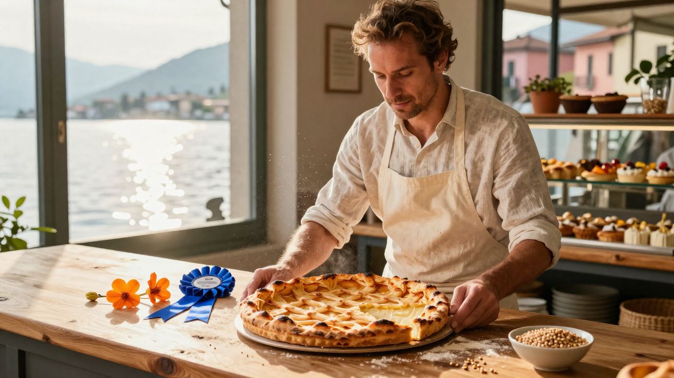 Homem com avental preparando pizza em balcão rústico com prêmio e flores ao lado, vista de lago ao fundo.