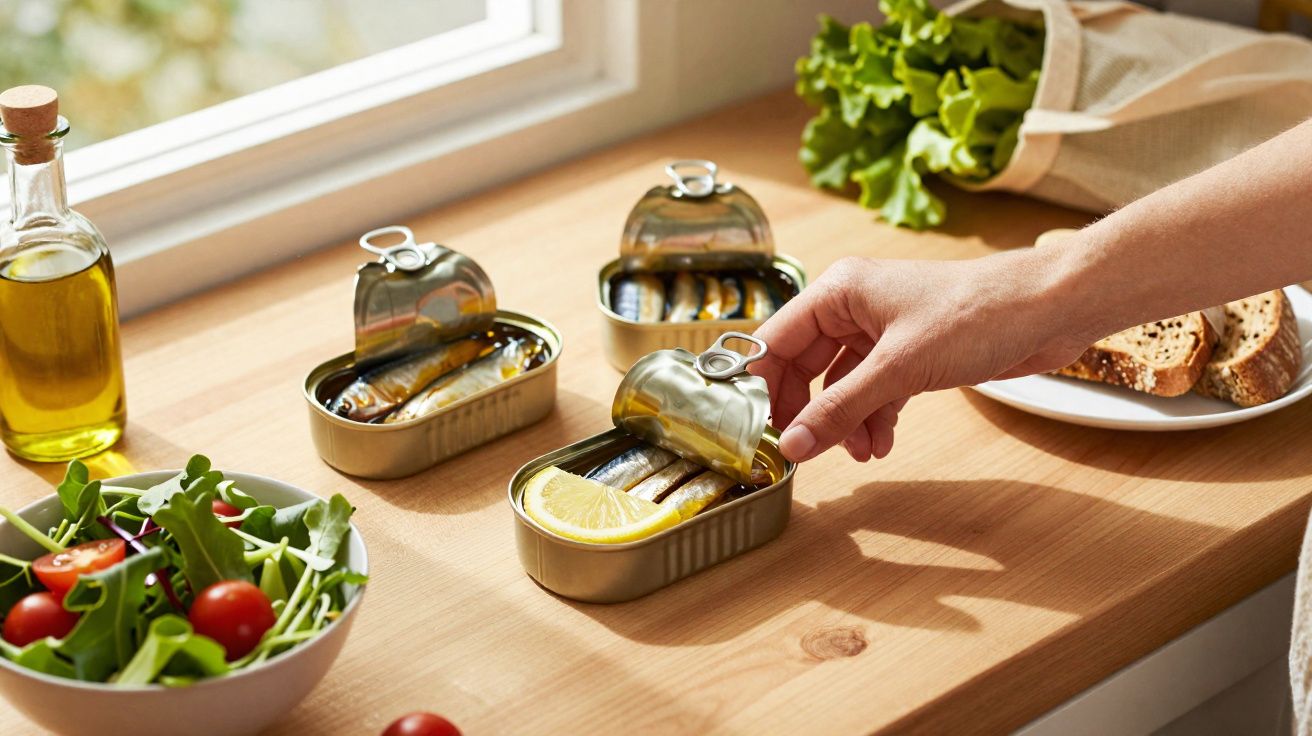 Três latas abertas de sardinha com limão, mão pegando uma, salada, azeite e pão na bancada de madeira.