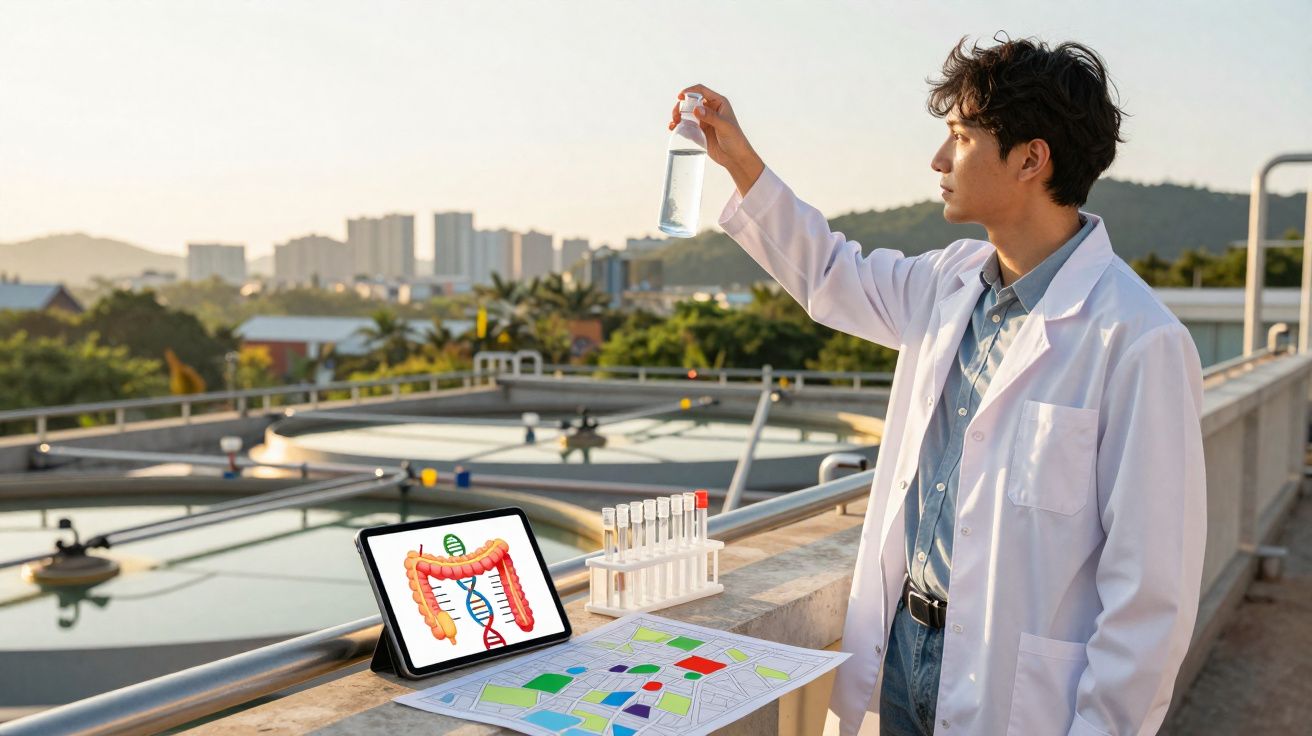 Cientista em jaleco analisa amostra de água em estação de tratamento ao ar livre ao pôr do sol.