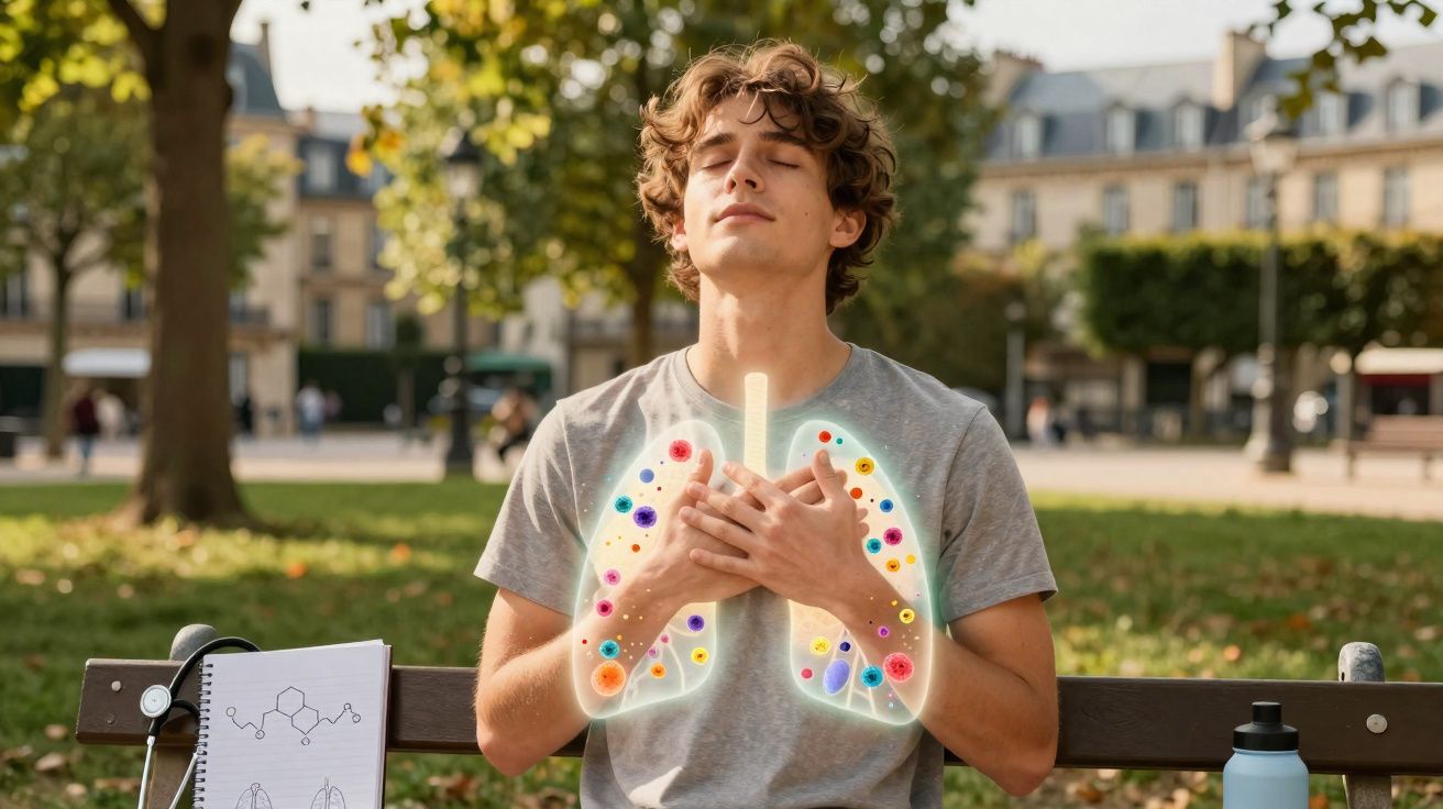 Jovem sentado em parque com mãos no peito e ilustração de pulmões com micro-organismos coloridos.