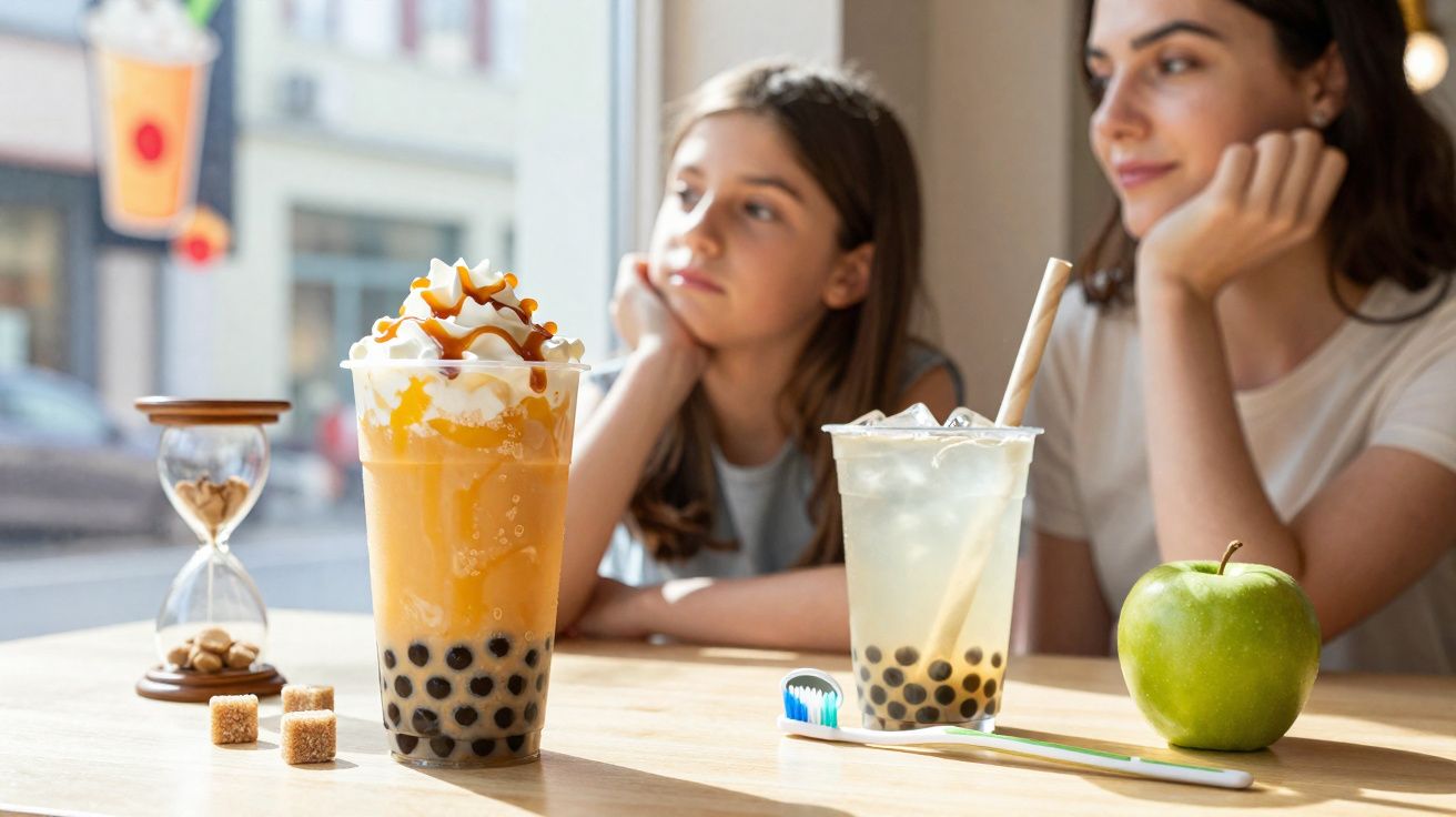 Duas mulheres sentadas à mesa com bebidas de bubble tea, maçã verde e escova de dentes sobre a mesa.