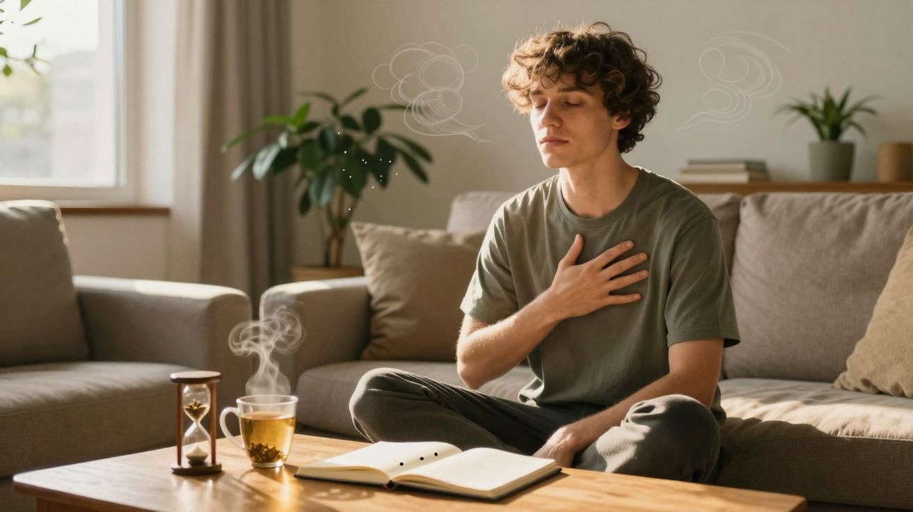 Jovem sentado de pernas cruzadas no sofá, meditando com a mão no peito em uma sala iluminada.