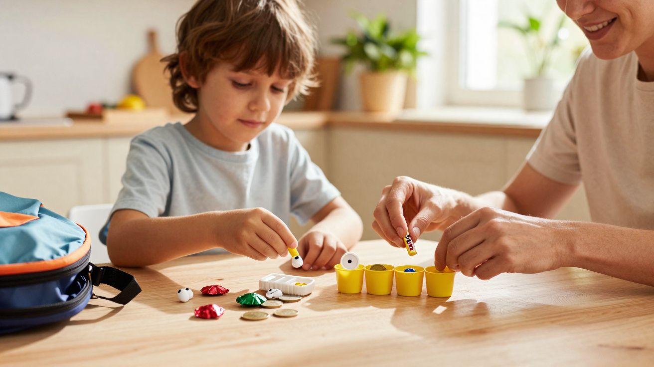 Criança e adulto brincando com jogo educativo de contagem com potes amarelos e peças coloridas em mesa.