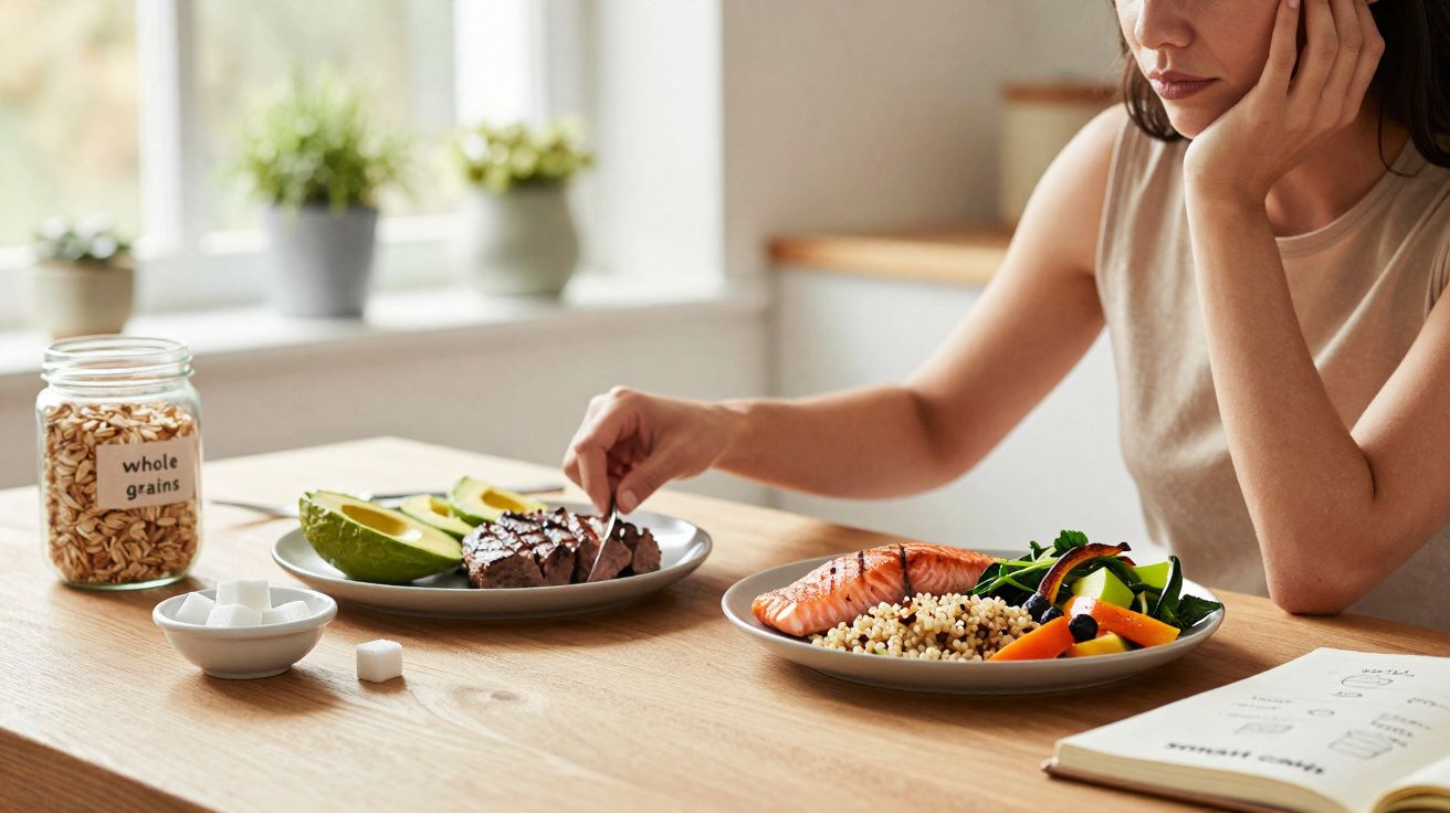 Pessoa sentada à mesa com duas refeições saudáveis, incluindo salmão, quinoa, abacate e legumes.