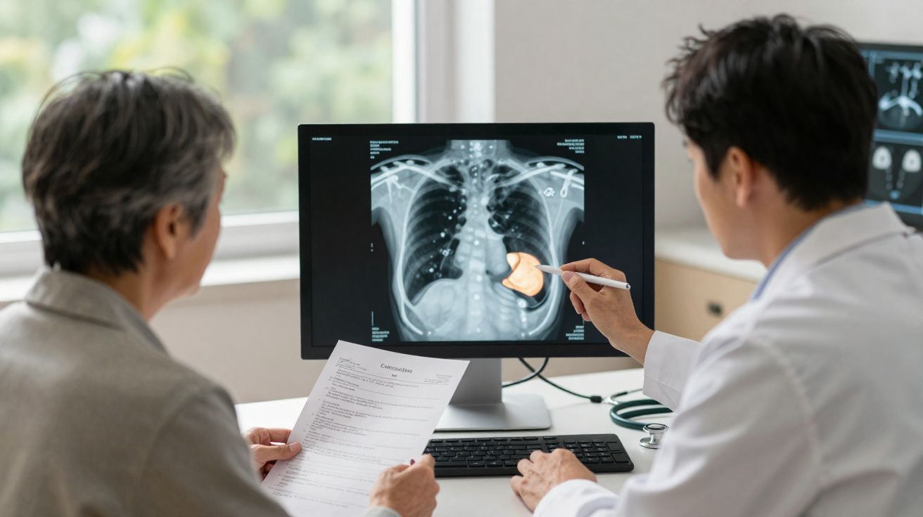 Médico explicando radiografia de tórax para paciente idosa em consultório com documentos na mão.