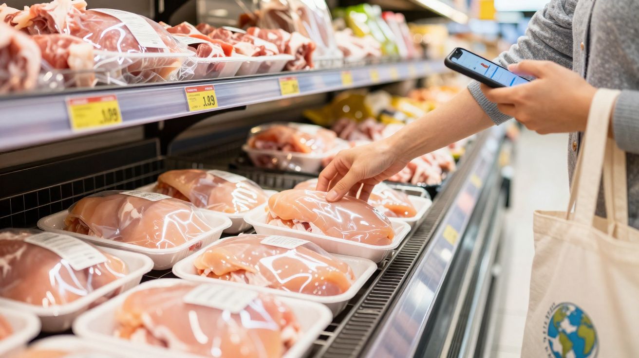Pessoa segurando celular e escolhendo frango embalado em supermercado.