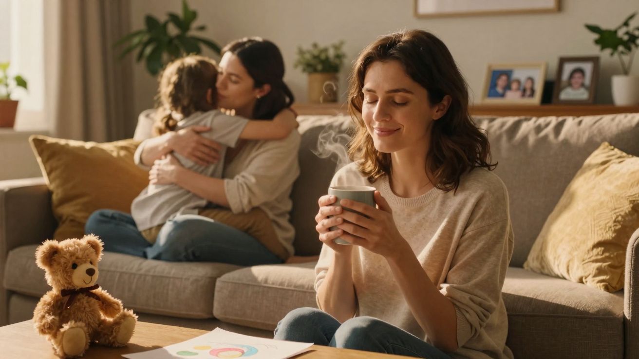Mulher relaxa com bebida quente enquanto outra abraça criança em sofá, ambiente acolhedor com ursinho e quadros.