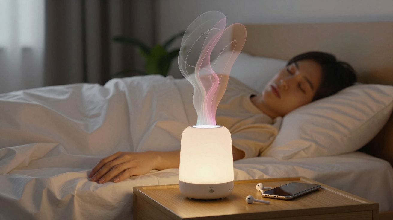 Mulher dormindo em cama com difusor de aroma iluminado e celular sobre mesa de cabeceira.