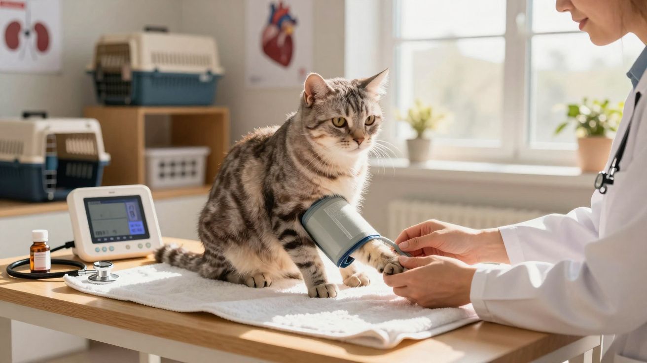 Gato cinza tendo pressão arterial medida por veterinário em clínica com equipamentos médicos ao fundo.
