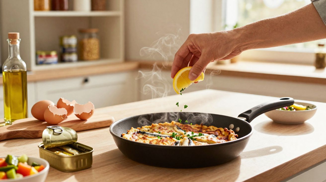 Mão espremendo limão sobre omelete na frigideira em cozinha iluminada com ingredientes ao fundo.