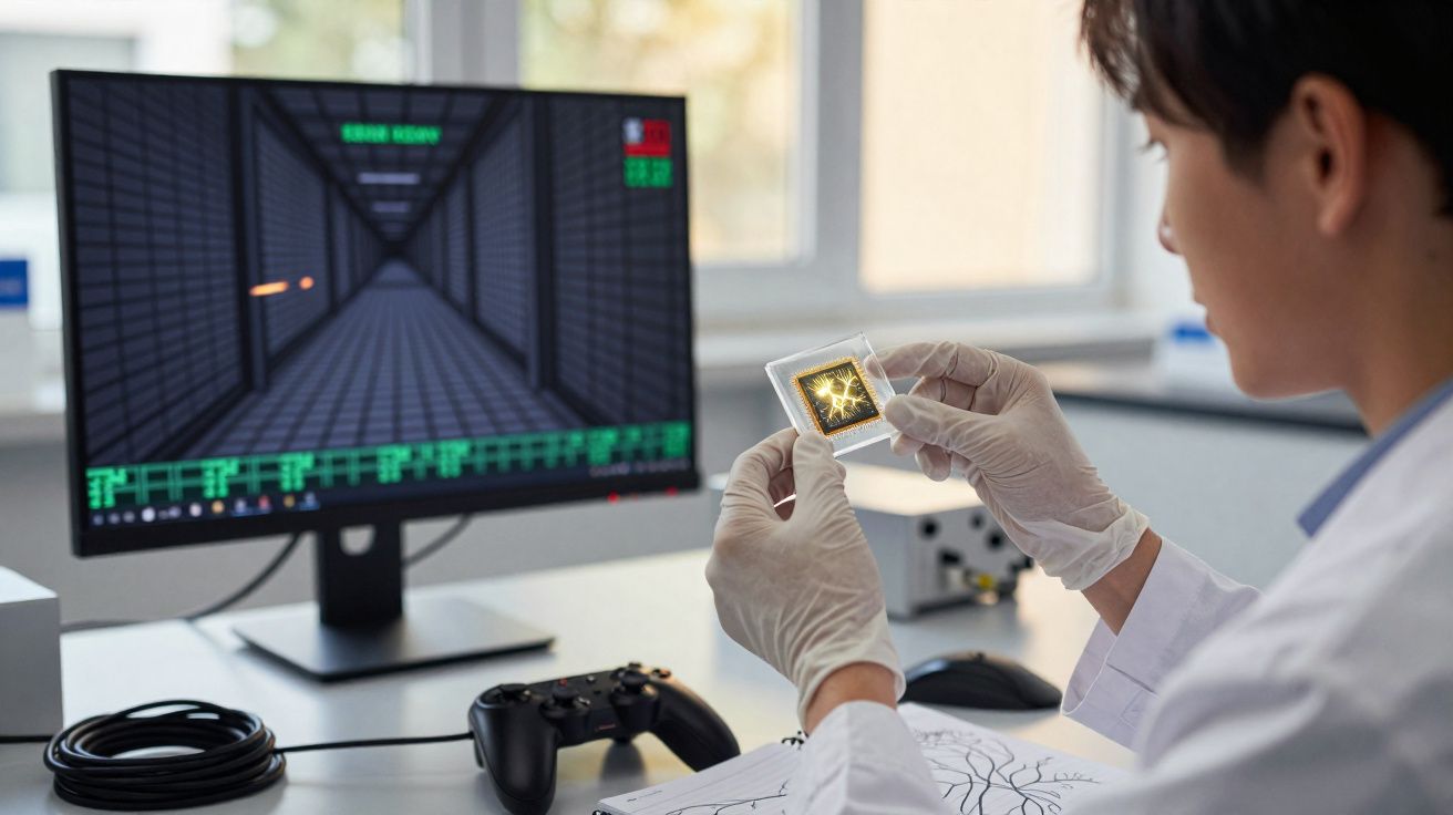 Pesquisador em laboratório segurando chip eletrônico, com jogo de tiro na tela do computador ao fundo.