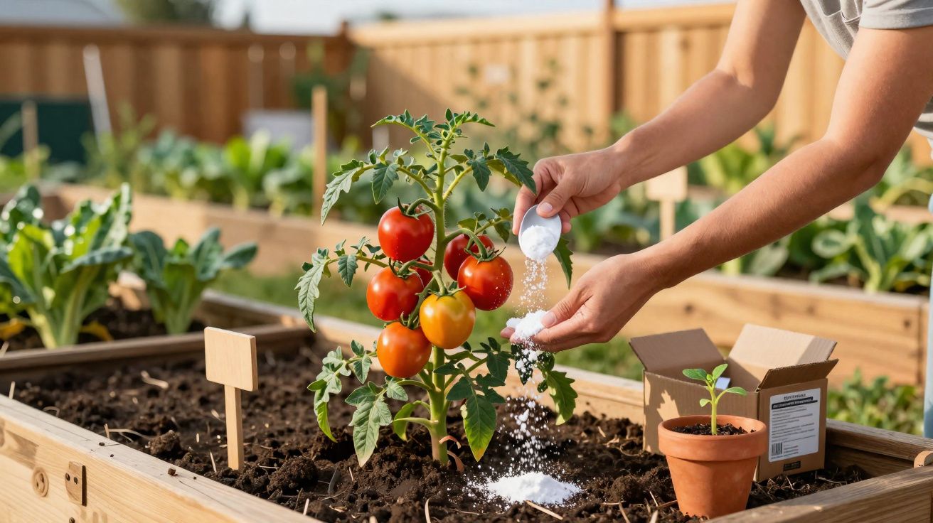 Pessoa aplicando fertilizante em planta de tomate com tomates maduros em canteiro de madeira no jardim.