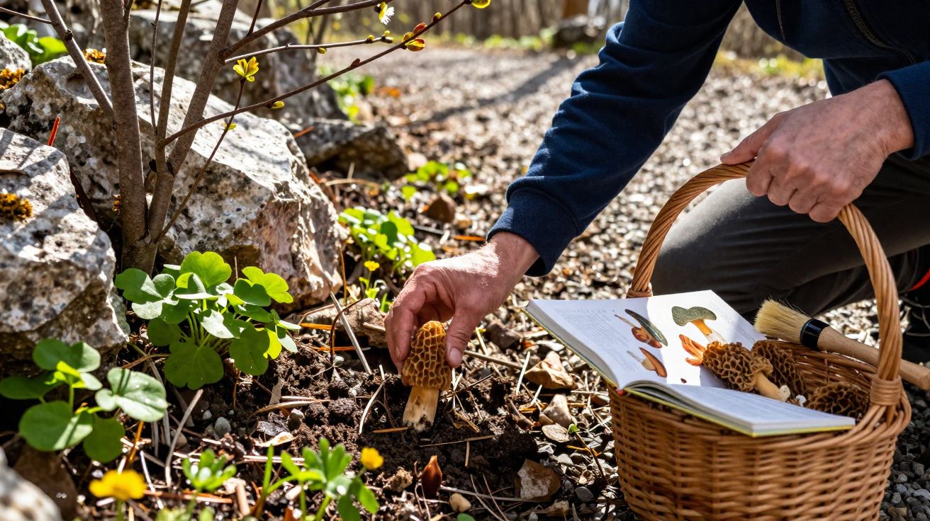 Pessoa colhendo cogumelo no jardim com livro aberto e cesta de vime ao lado em área com pedras e plantas.
