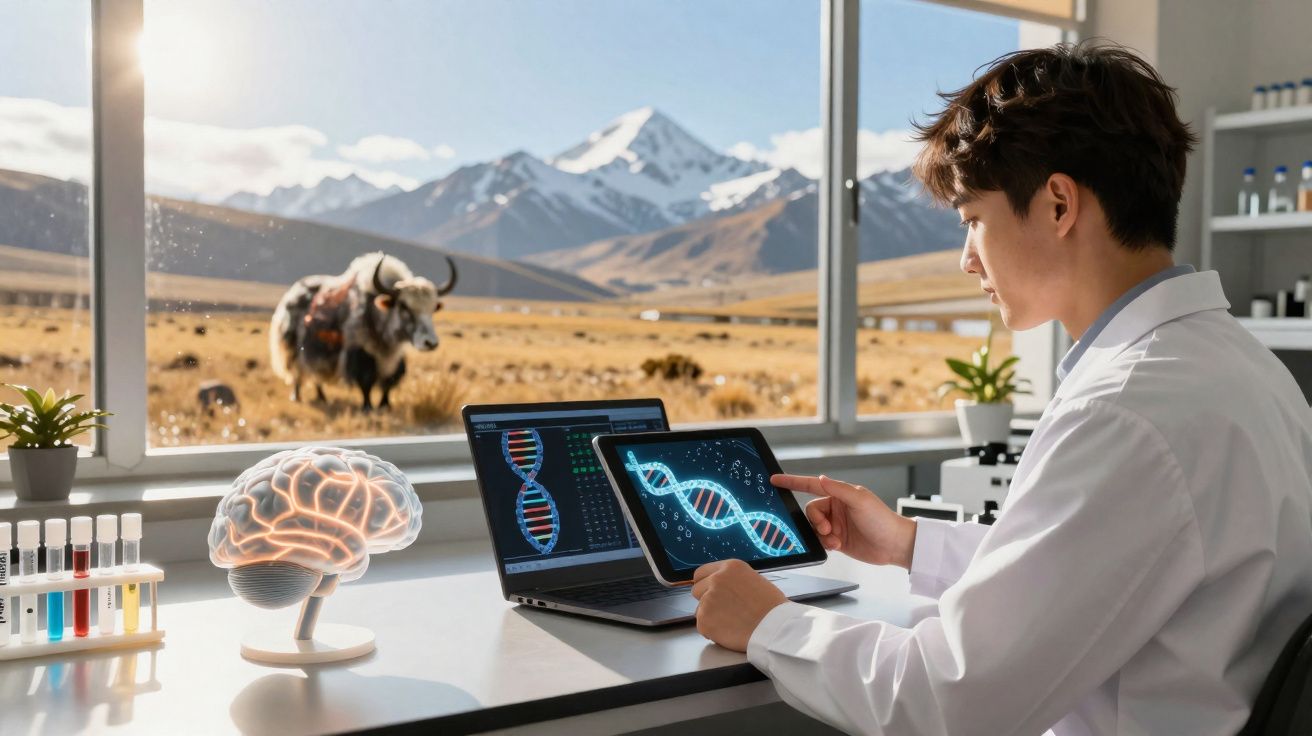 Pesquisador em laboratório com imagens de DNA e cérebro, janela aberta com paisagem de montanha e iaque ao fundo.