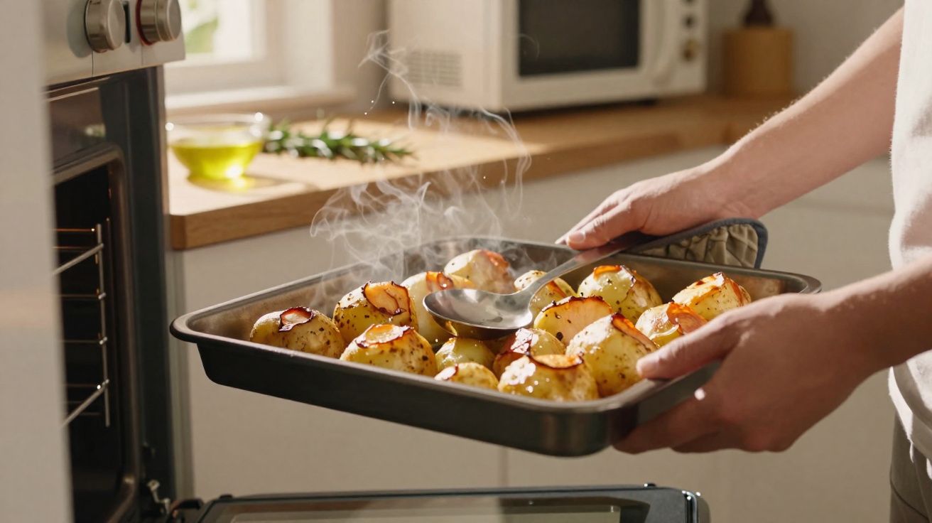 Pessoa retirando assadeira do forno com batatas temperadas e quentes soltando vapor na cozinha.