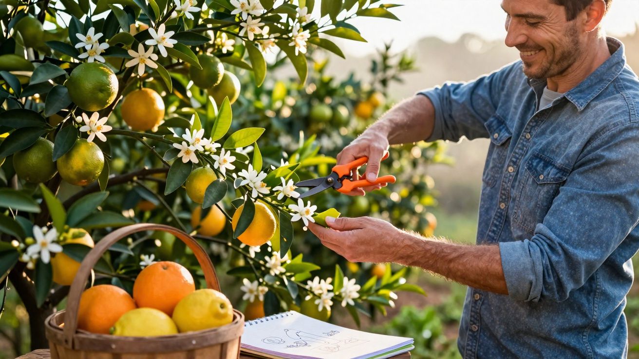 Homem colhendo flores de laranjeira em pomar ao pôr do sol, com cesta de frutas ao lado.
