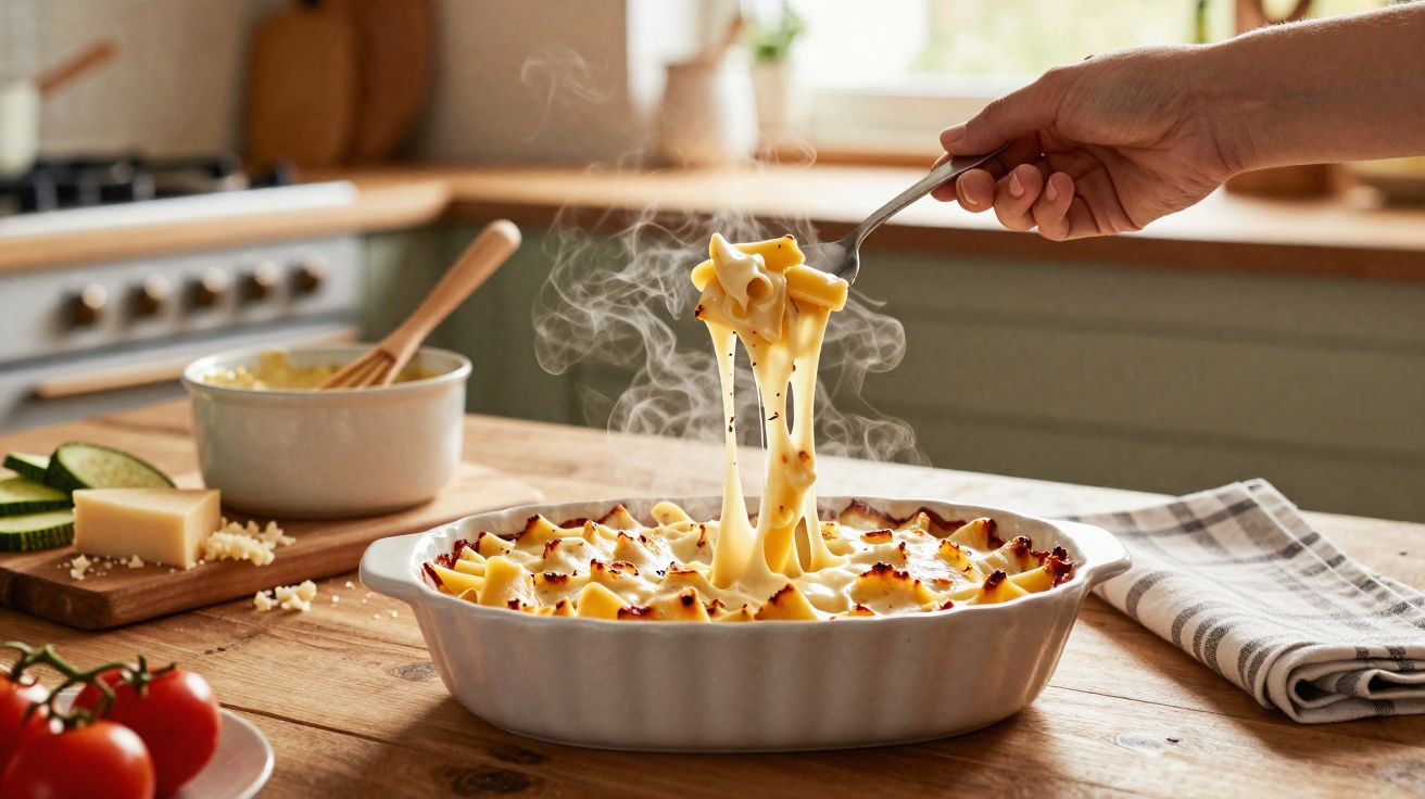 Prato branco com macarrão gratinado e queijo derretido sendo retirado com um garfo em uma cozinha.